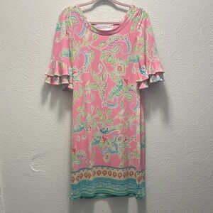 Pappagallo Size Small Womens vibrant pink green dress ruffle sleeves gently used